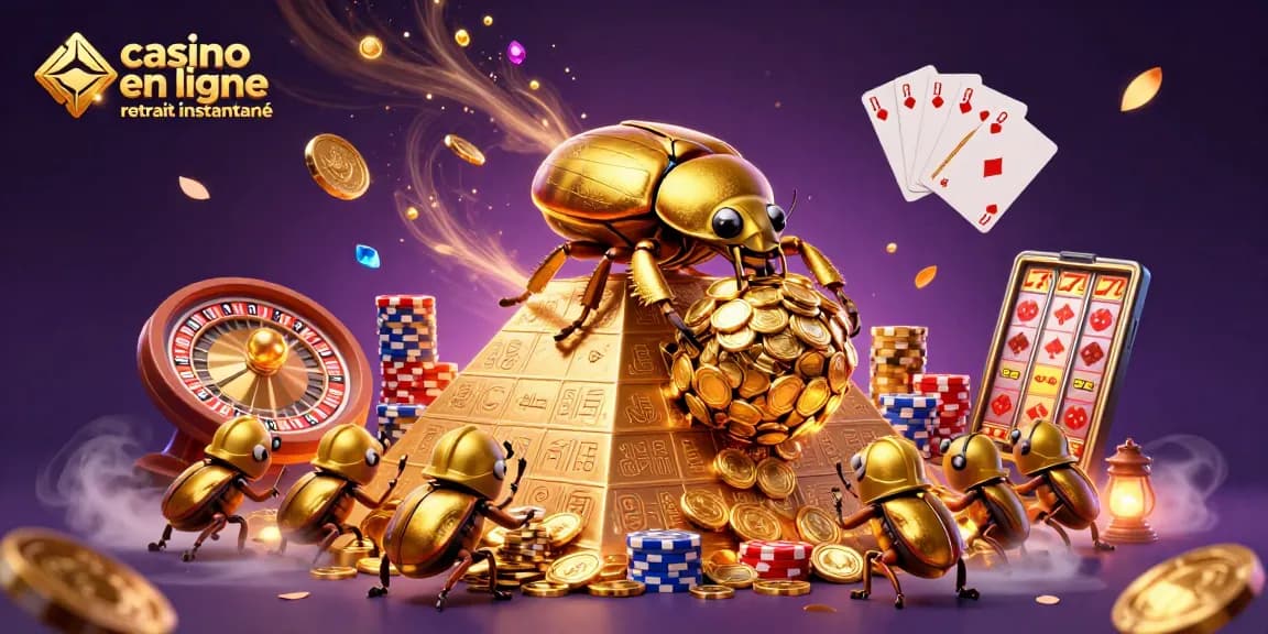 Casino en ligne retrait instantané illustré par un scarabée doré et des pièces virevoltantes.