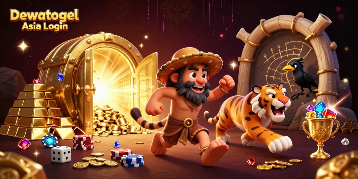 Dewatogel Asia Login provides an exciting casino scene with cartoon characters, treasures, and gaming elements.