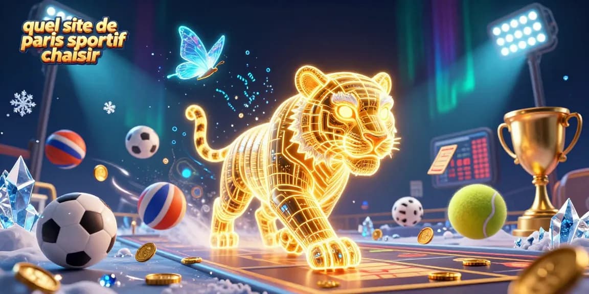 Illustrez quel site de paris sportif choisir avec une scène dynamique de tigre et éléments de pari sportifs
