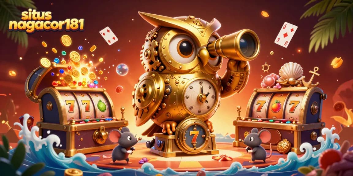 Situs nagacor181 showcases a 3D casino scene with a golden owl, lively mice, and dynamic slot machines.