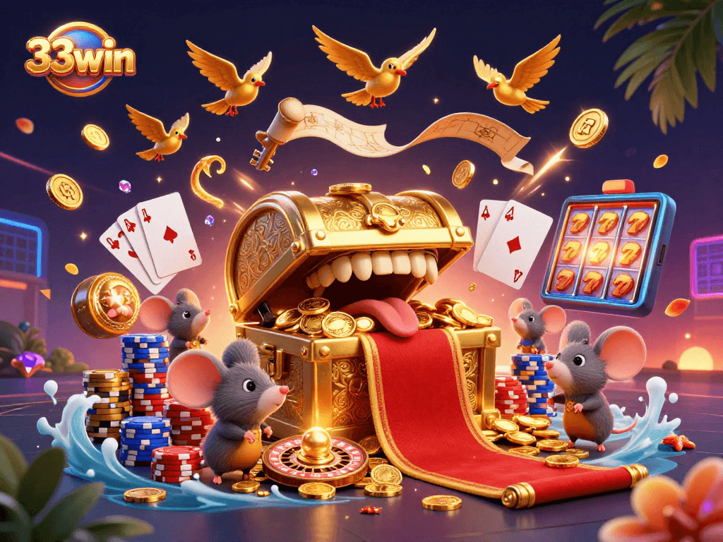 Experience thrilling wins at 33win with a dazzling treasure chest scene and vibrant casino elements.