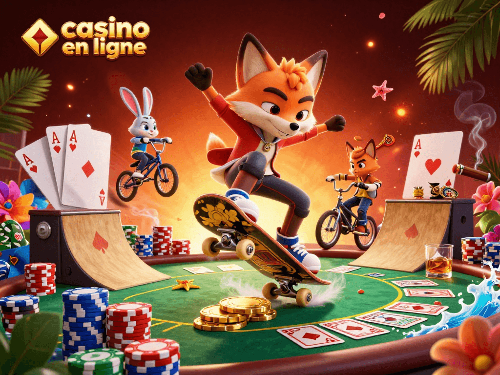 Plongez dans l'excitation du casino en ligne avec un renard skateboard, une ambiance dynamique et des éléments de poker.