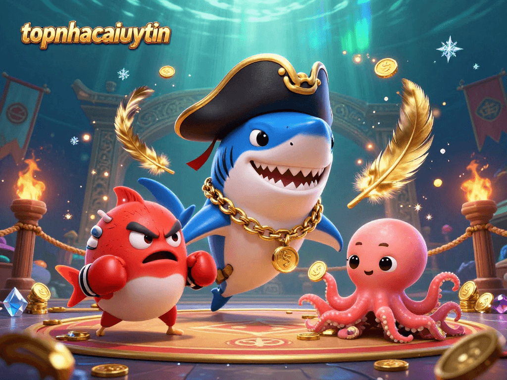 Topnhacaiuytinn pirate shark, pufferfish, and octopus celebrate winning gambling with coins and vibrant decorations.