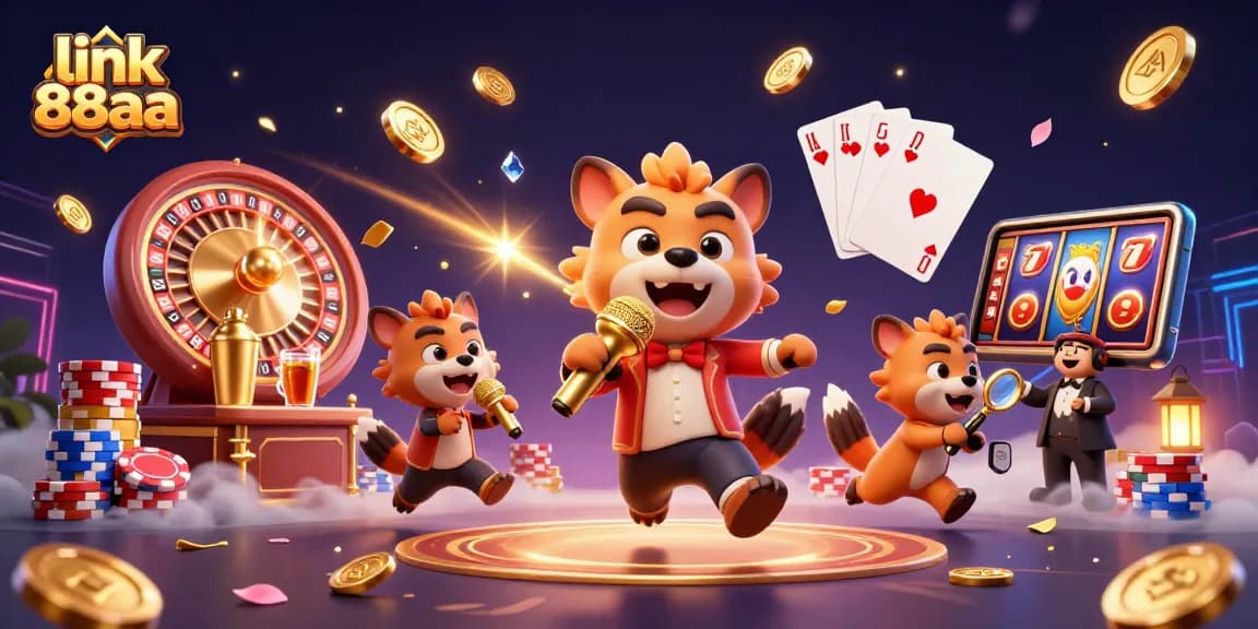 Engage with link 88aa in a vibrant 3D casino scene featuring hyenas, gold coins, and sparkling gems.