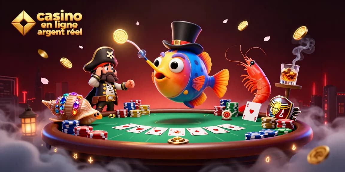 Illustration d'un casino en ligne argent réel avec des personnages marins en mode 3D entourés de jetons de poker et de lumières mystiques.