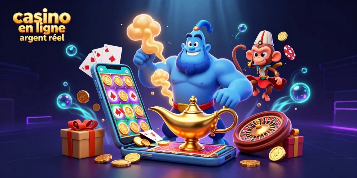 Profitez des jeux passionnants au casino en ligne argent réel avec un génie et des jets de poker colorés.