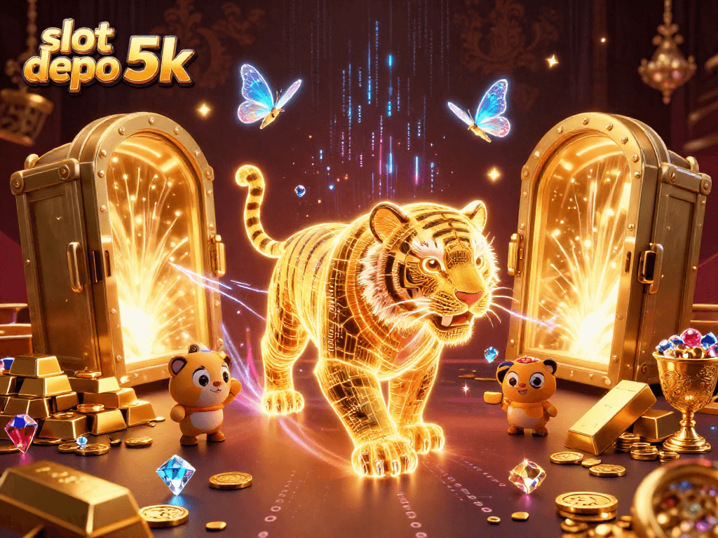 Experience thrilling wins with slot depo 5k in a vibrant 3D casino landscape illustration.