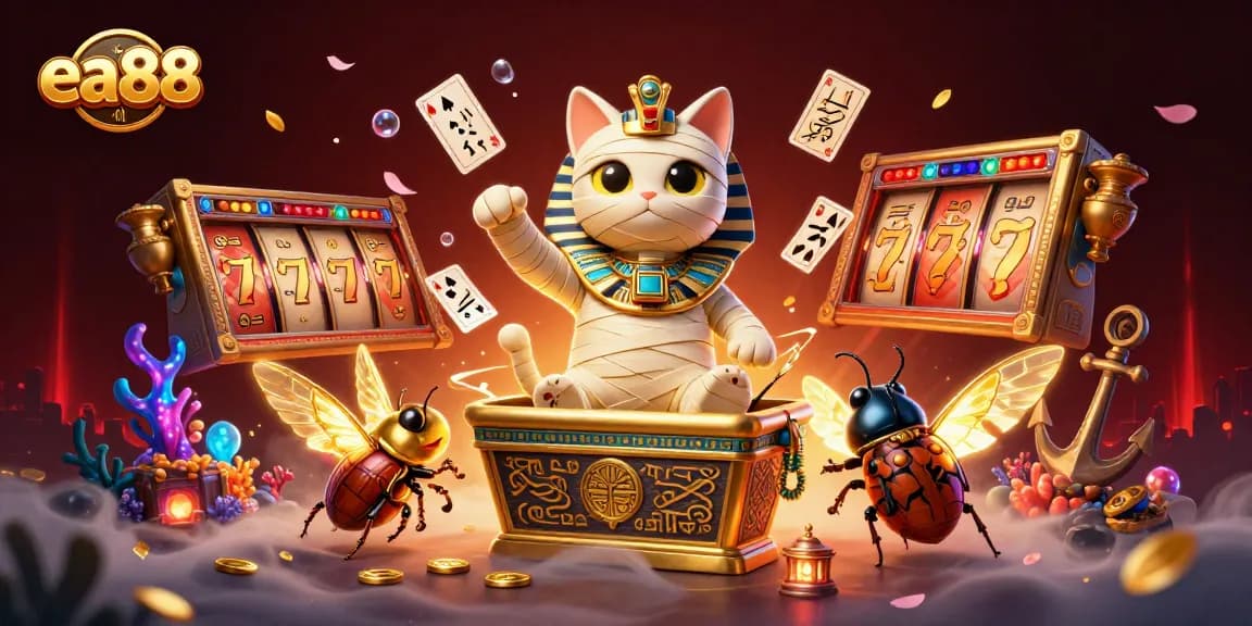 Experience thrilling gaming at ea88 with an Egyptian mummy cat and scarab beetle in a vibrant casino scene.