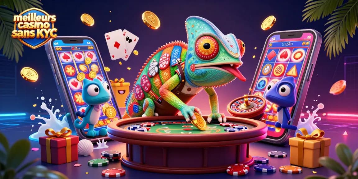Découvrez les meilleurs casinos sans KYC avec une illustration colorée et dynamique de jeux.