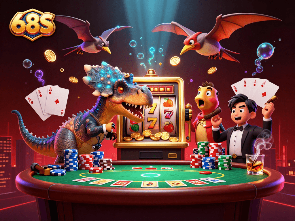 O 68S oferece uma ilustração de um dinossauro jogando em uma máquina caça-níqueis dourada, simbolizando a emoção dos jogos de cassino.