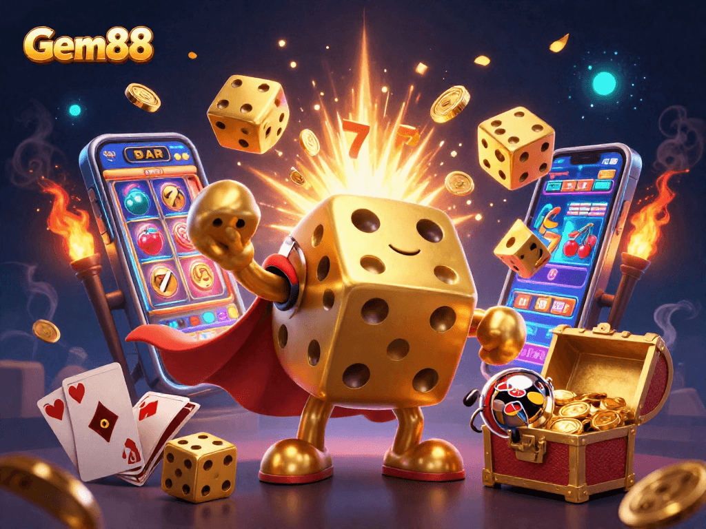 Experience thrilling gameplay at Gem88 with a dynamic 3D casino scene bursting with excitement.