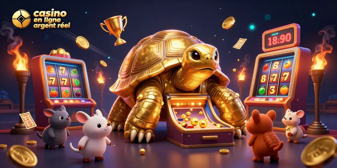 Jouer à des jeux de casino en ligne argent réel avec une tortue en pinball et des symboles de jackpot.