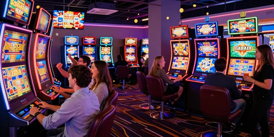 Friends enjoying a thrilling slot gaming experience in a vibrant casino atmosphere.