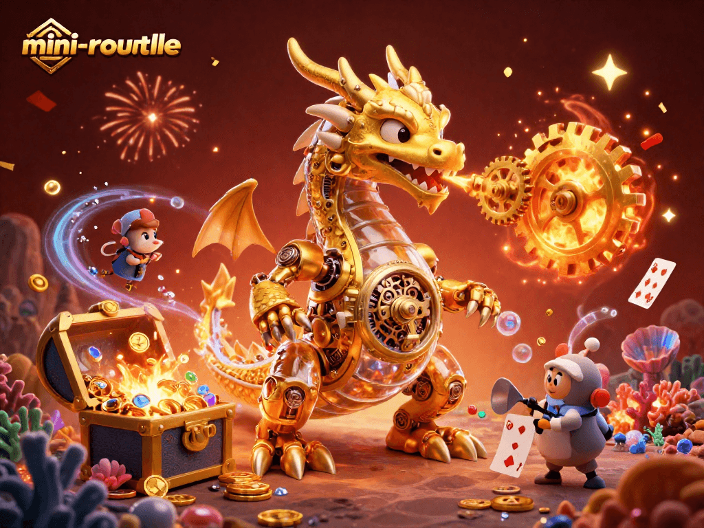 Engage in thrilling mini-roulette action with a lively scene featuring a golden dragon and vibrant casino elements.