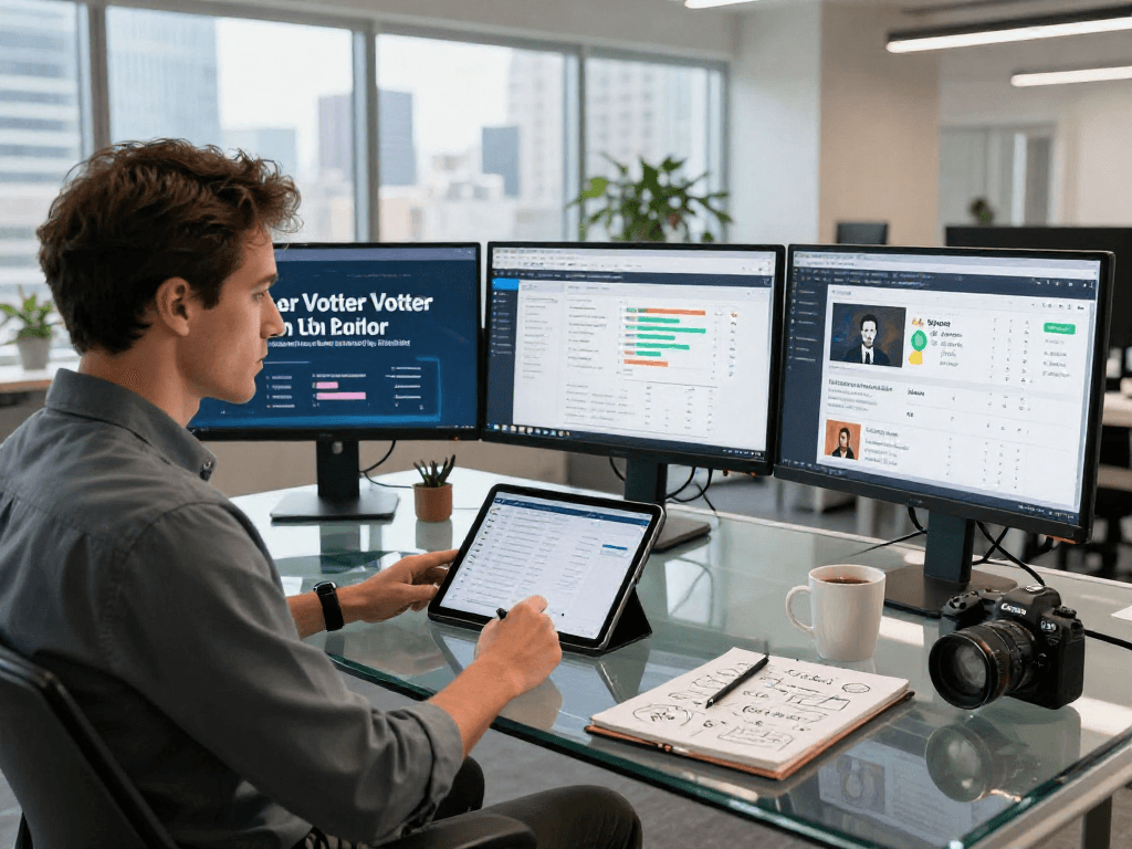 Strategist analyzing programmatic ads for campaigns data at a modern office.
