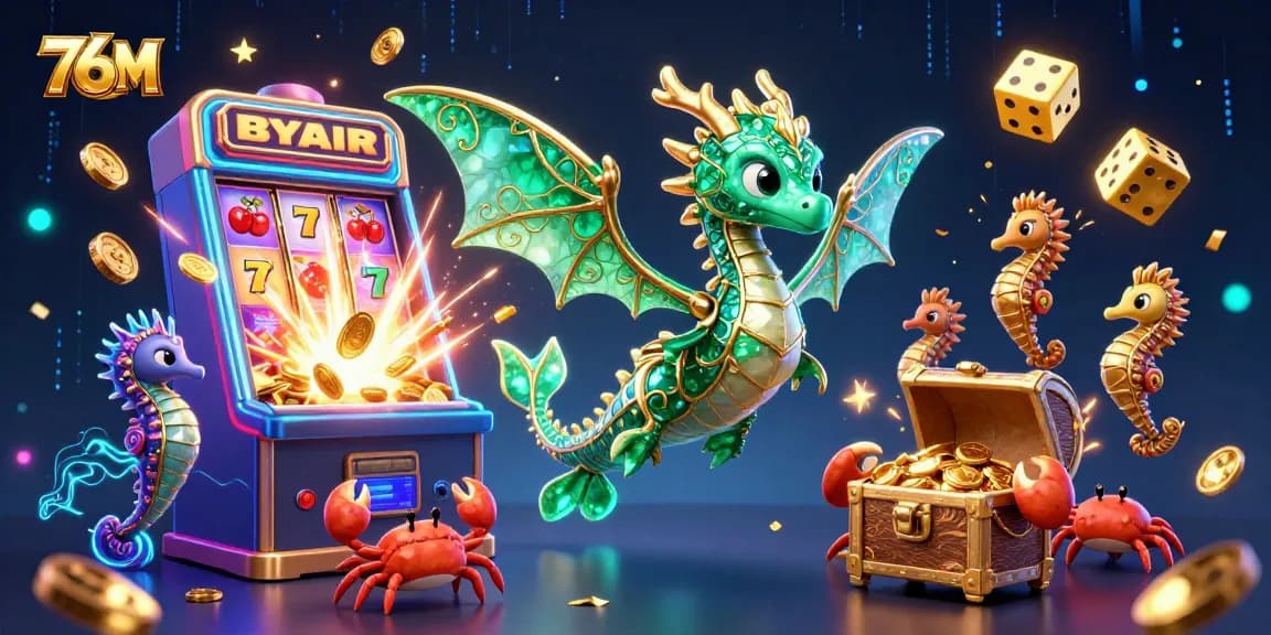 76M traz uma ilustração vibrante de dragão marinho em um ambiente de cassino, cheio de ganhos e diversão.