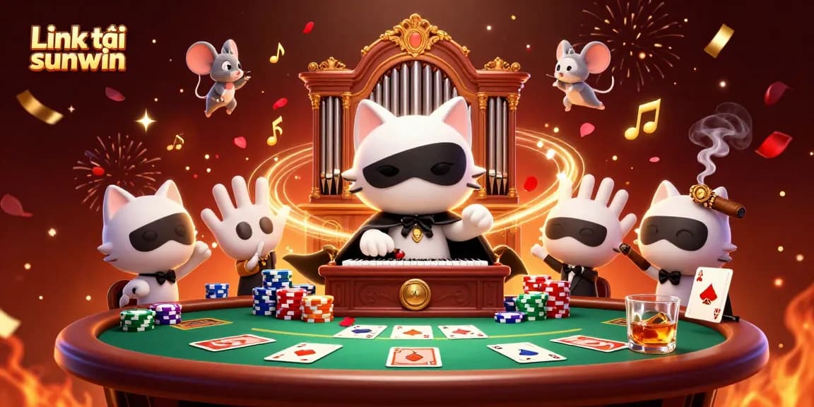 Engage with Link tải sunwin through a vibrant casino scene featuring 3D characters and poker elements.