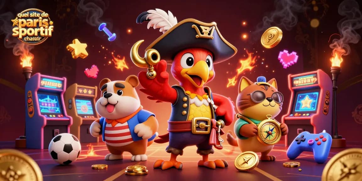 Quel site de paris sportif choisir : Illustration de personnages de jeu de casino et éléments de paris sportifs.