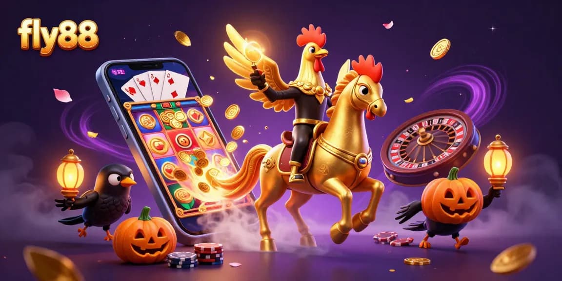Experience thrilling games at fly88, featuring a golden rooster and dynamic casino elements illuminating the scene.