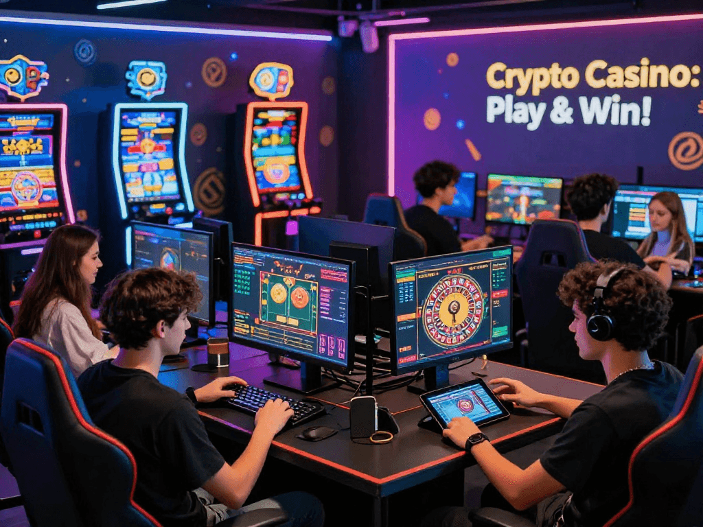 Exciting crypto casino gaming scene with players interacting on screens and vibrant lighting.