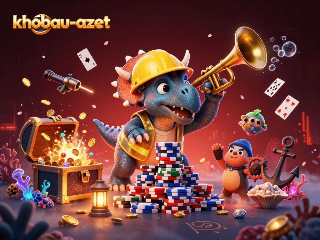 Experience the thrill of khobau-aztec as cartoon dinosaurs celebrate a jackpot in this vibrant scene.