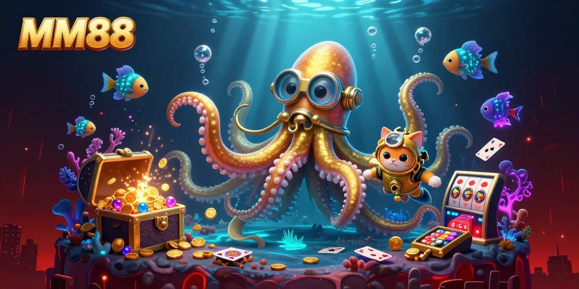 Engage with MM88's vibrant gambling world featuring monstrous kraken and diving cat in an action-packed casino scene.