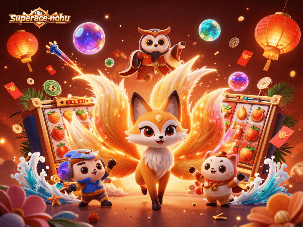 Spin the reels in superace-nohu, featuring a dynamic scene with vibrant characters and casino elements.