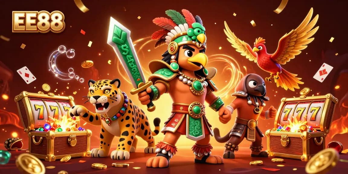 Feel the excitement of EE88 slots with vibrant visuals and action-packed characters amidst treasure and treasures.