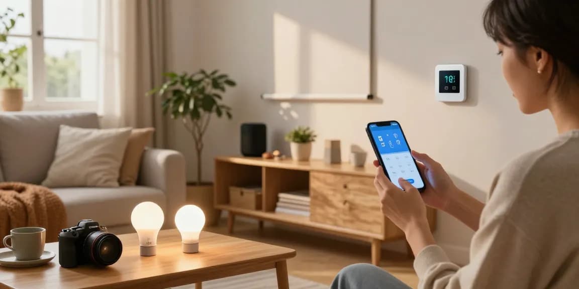 A person using IKEA smart home technology to adjust lights and ambiance in a cozy living room filled with stylish decor.