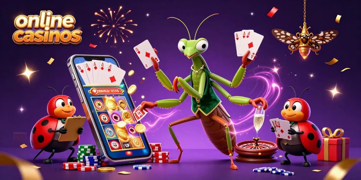 Experience the thrill of online casinos with a vibrant illustration featuring a giant mantis card sharp and rich gaming elements.