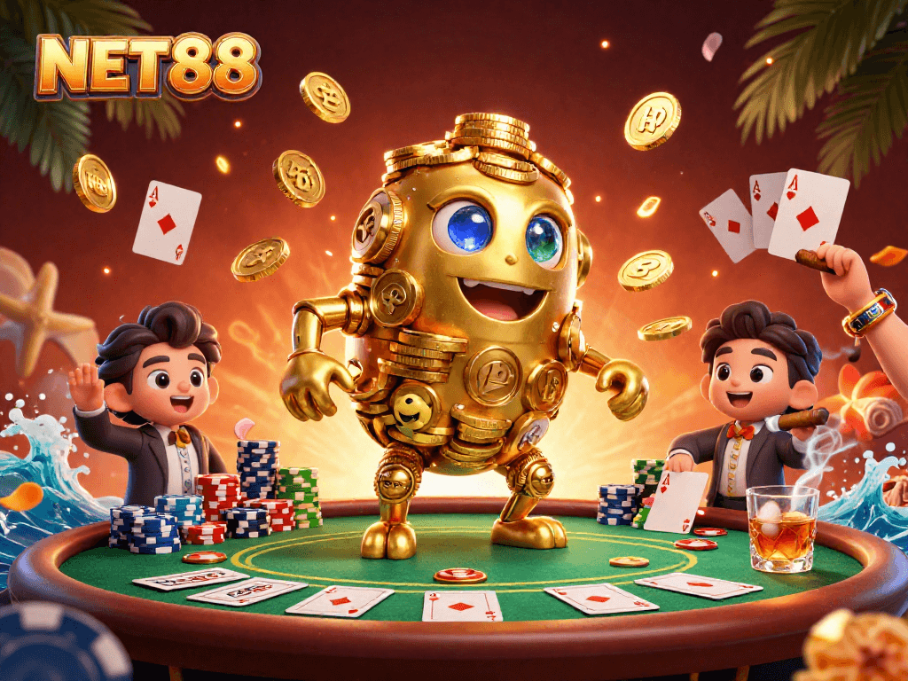Experience the vibrant world of NET88 with a golden golem, poker chips, and more!