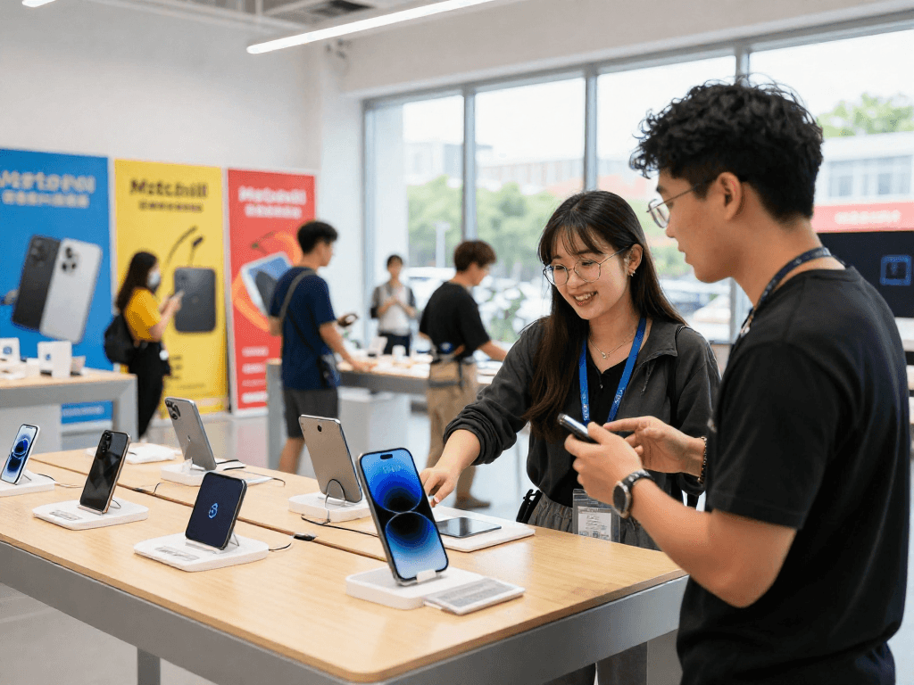 Customer exploring the Motchill tech products in a vibrant retail environment, highlighting excitement and interaction.