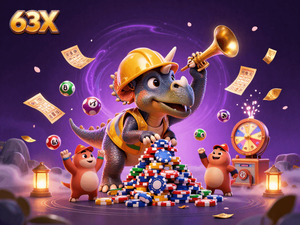 Emocione-se com 63X em um emocionante cenário de cassino com triceratops e loteria.
