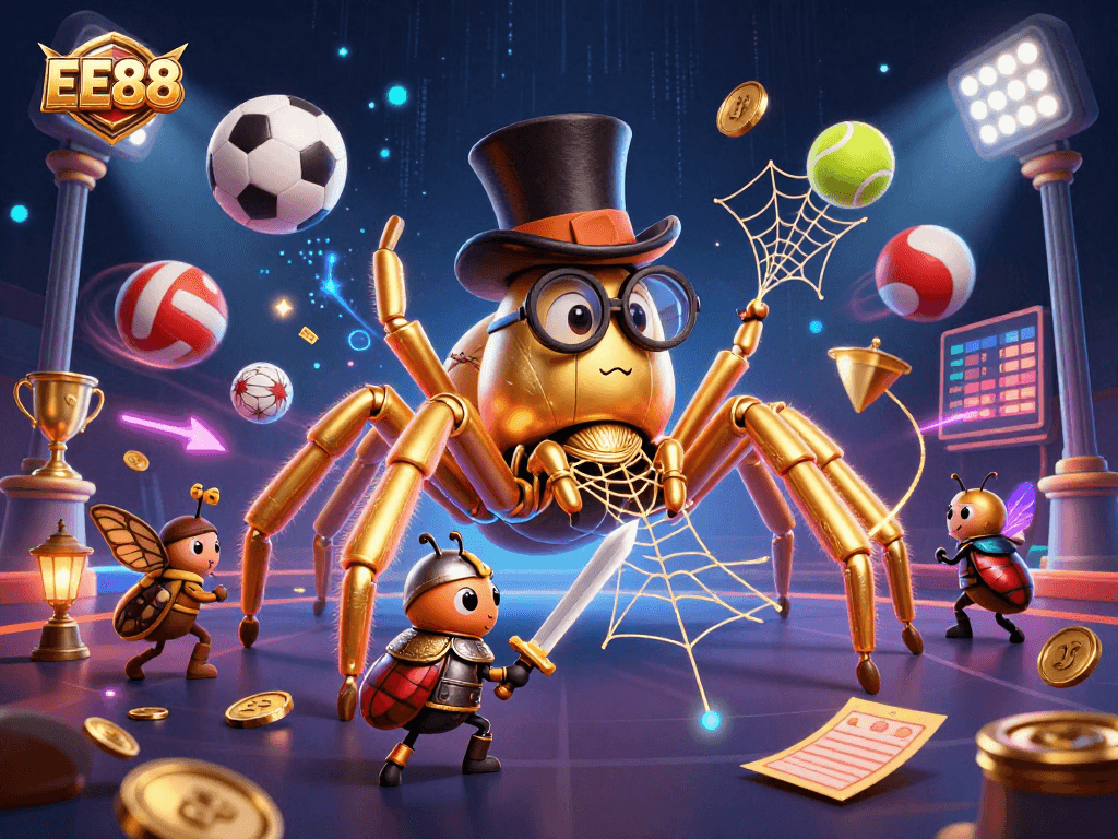 Engage with EE88 by exploring a vibrant casino scene featuring a golden tarantula, knight, and sports elements.