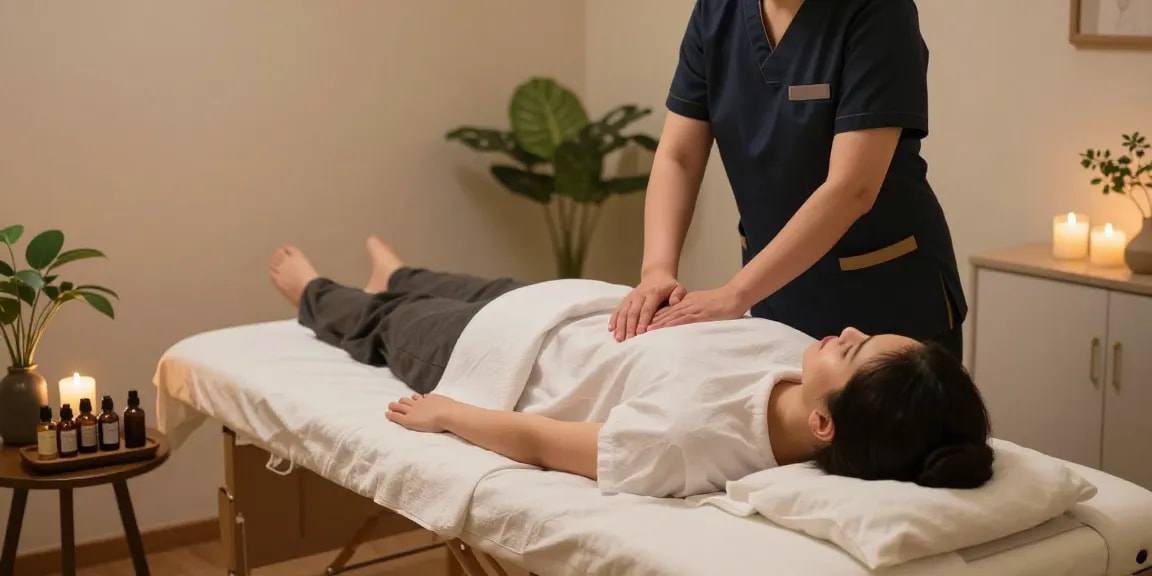 고양출장마사지 session in a serene home setting, featuring a relaxing atmosphere with a professional therapist and calming decor.