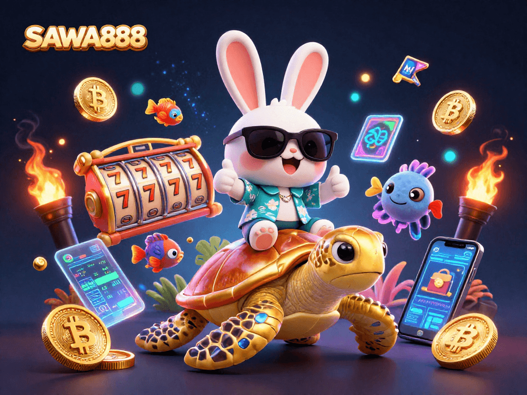 SAWA888 showcases an exciting gambling scene with a lucky rabbit, golden turtle, and neon crypto elements.