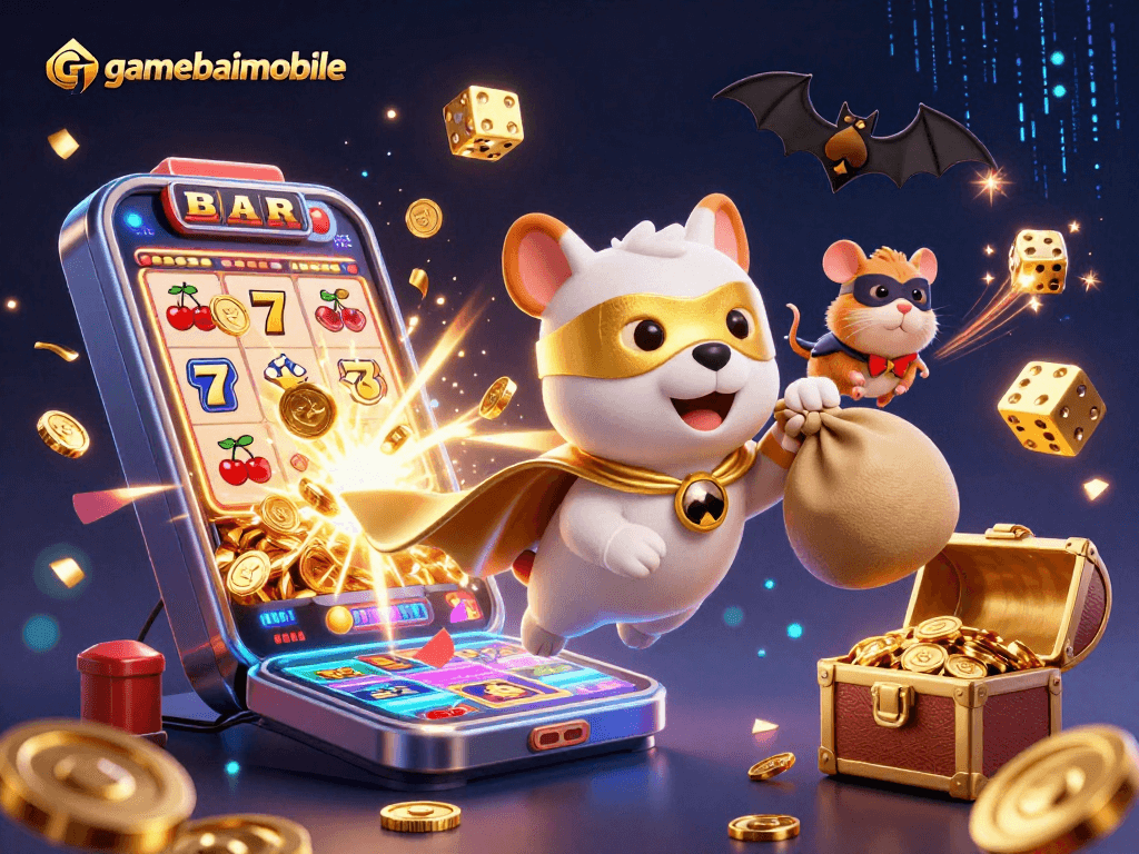 Experience exhilarating wins with gamebaimobile as a superhero dog and hamster soar through a vibrant casino