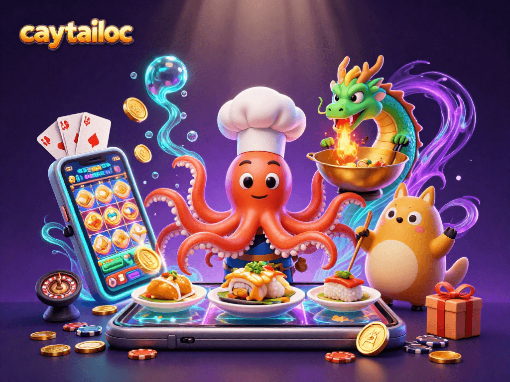 Experience big wins with caytailoc, featuring a colorful slot game, golden coins, and dynamic characters in a vibrant scene.