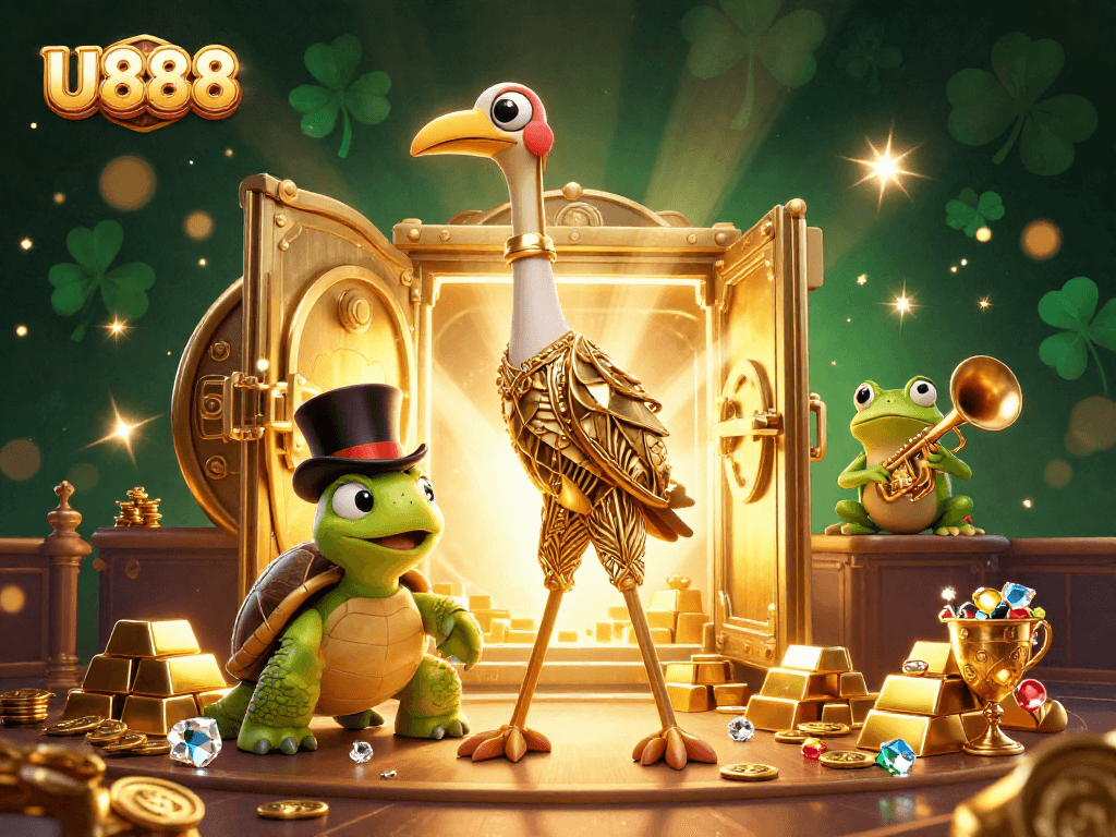Experience thrilling wins at U888 with vibrant characters amidst gold treasures and casino ambiance.