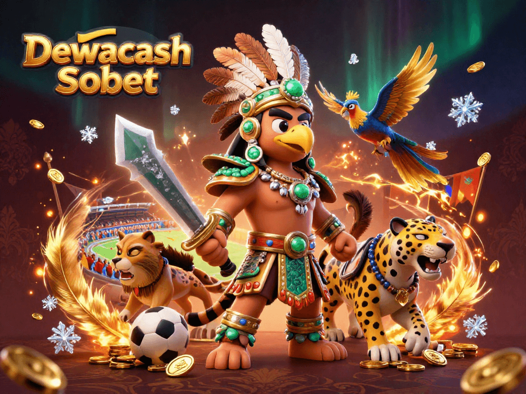Dewacash Sbobet showcases dynamic sports betting action with vibrant characters, gold coins, and energetic elements.