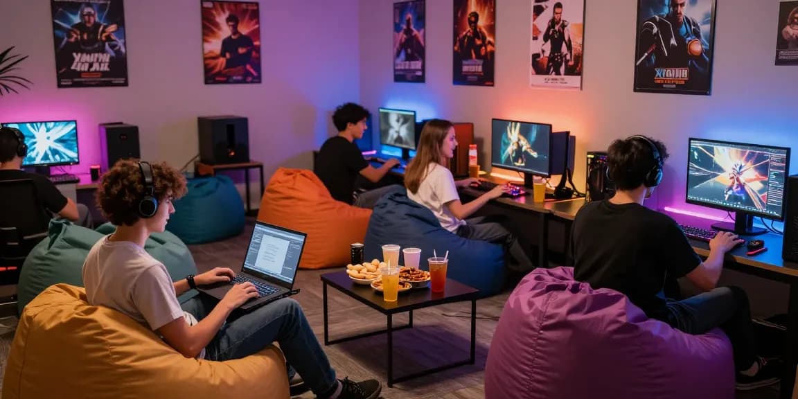 Players enjoying xxx games in a vibrant gaming lounge with snacks and LED lights.