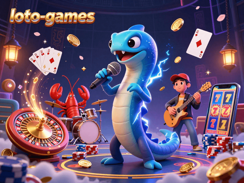 Loto-games showcases an underwater casino stage with a DJ electric eel, lobster drummer, and seahorse guitarist, celebrating dynamic gambling action.
