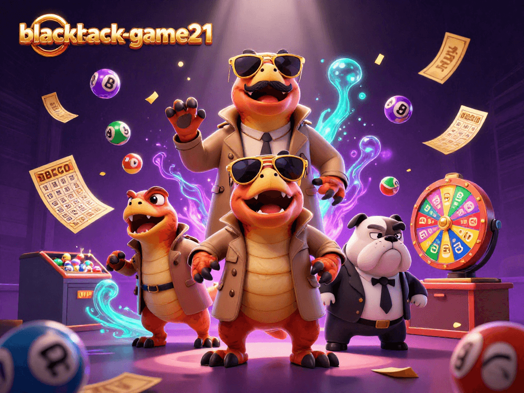 Experience the thrill of blackjack-game21 with raptors in a trench coat entering a casino, full of colorful lottery elements.