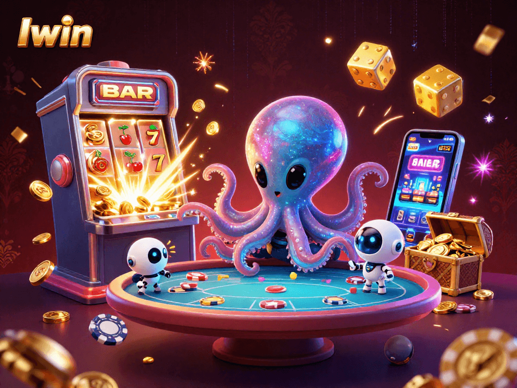 Iwin ignites excitement as a cartoon octopus and robot prepare for a thrilling casino game.