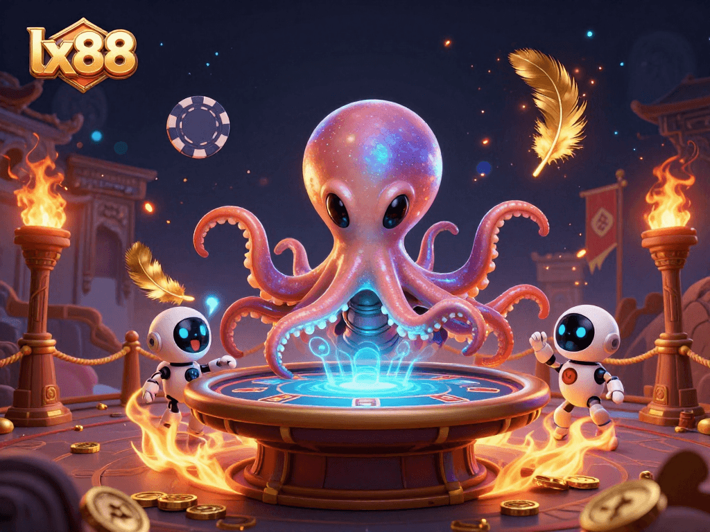 lx88 adds excitement with an alien octopus and poker table amid vibrant gaming elements.