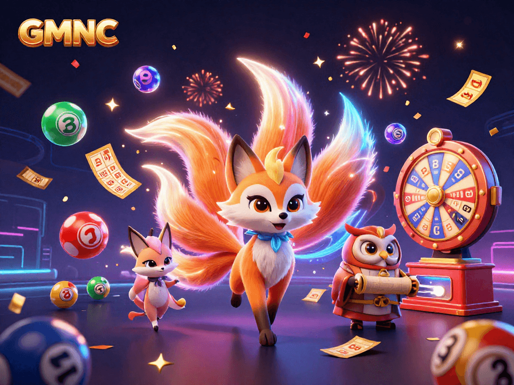 Experience excitement with GMNC as a nine-tailed fox and wise owl embrace lottery fun in vivid colors.