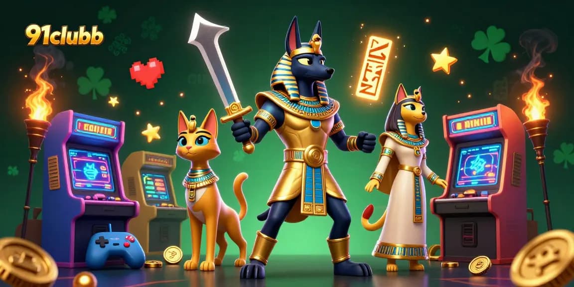 Play exciting games on 91clubb with Anubis and Bastet in a vibrant casino-themed scene.