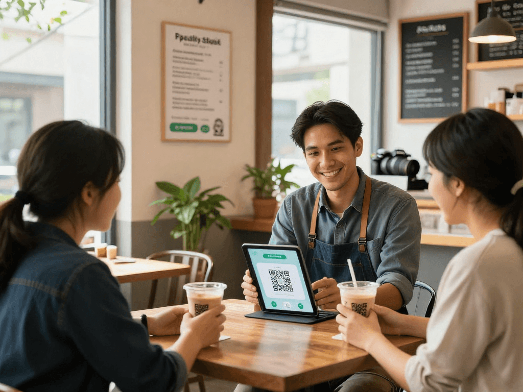 Loyalty application demonstration in a cozy café, showing customer interaction and engagement.