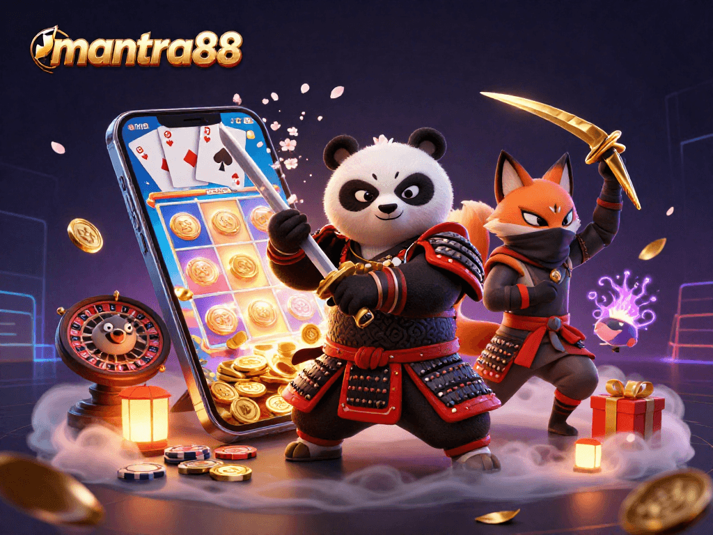 Experience the thrill of mantra88 with samurai panda and ninja fox in a vibrant casino scene.