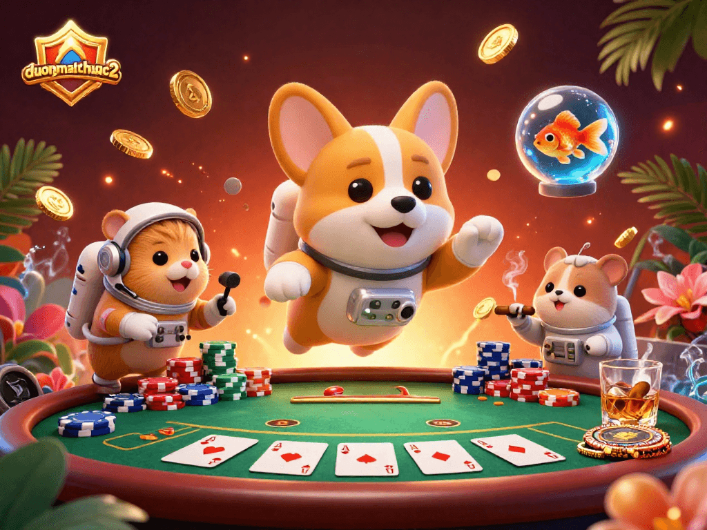 Experience duongmatchuoc2 with a lively 3D casino scene featuring a floating astronaut corgi surrounded by poker elements.
